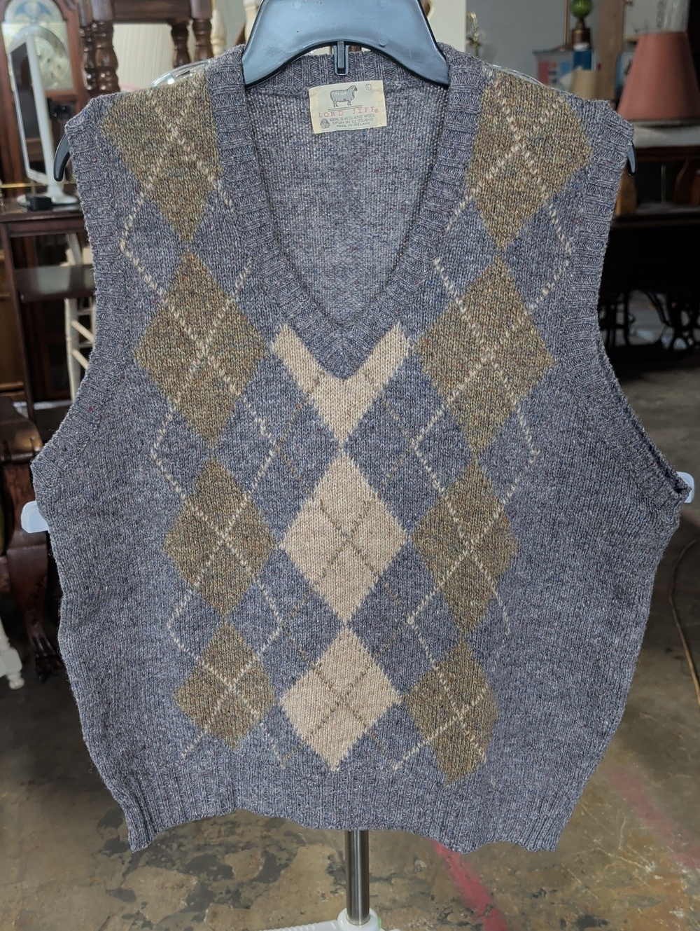 70s Lord Jeff Shetland Wool Argyle V-Neck Sweater Vest in Gray and Tan